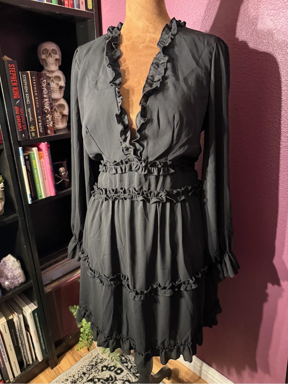 Witchy ruffly Black Tiered Long-Sleeve Dress